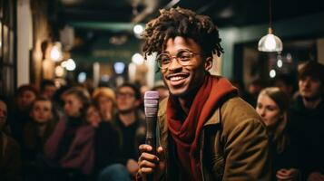 A singer singing in an underground bar. Generative AI photo