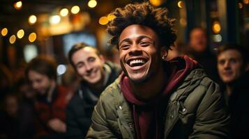 Group of people listening to stand up in a bar and laughing. Generative AI photo