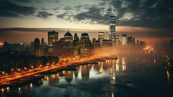 un ciudad horizonte con un grupo de iluminado rascacielos a noche.. generativo ai foto