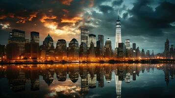 un ciudad horizonte con un grupo de iluminado rascacielos a noche.. generativo ai foto