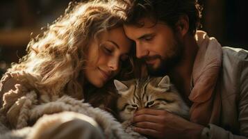 A couple hugging their cat. Generative AI photo