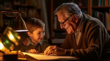 Little boy with his grandfather reading a book. Generative AI photo