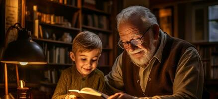 Little boy with his grandfather reading a book. Generative AI photo