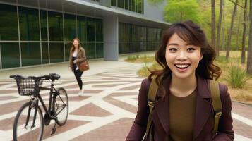 Asian woman with backpack rides her bike to school. Generative AI photo