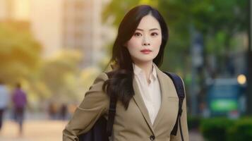 Asian businesswoman with backpack goes to work. Generative AI photo