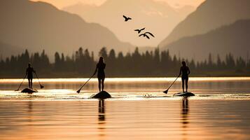 People paddling a canoe on a calm lake at sunset. Generative AI photo