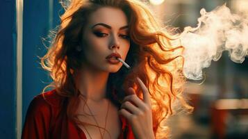 Attractive and beautiful woman smoking. Generative AI photo