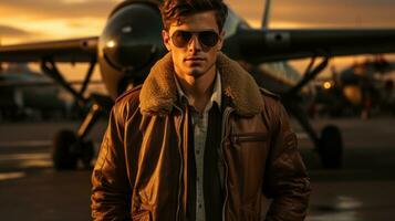 Aviator in a bomber jacket with pilot goggles.. Generative AI photo