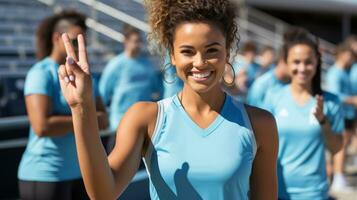 Curly haired athlete making victory sign. Generative AI photo