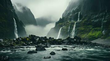 A thunderous waterfall cascading down a rugged mountain face, the mist creating a dreamy haze.. Generative AI photo