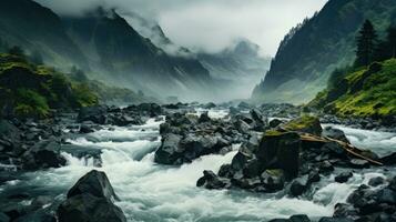 A thunderous waterfall cascading down a rugged mountain face, the mist creating a dreamy haze.. Generative AI photo