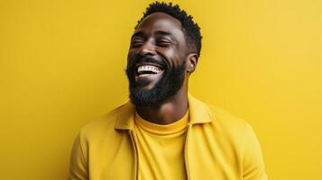 Cheerful african american man posing in front of yellow background in studio. Generative AI photo