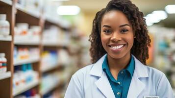 farmacéutico africano americano mujer en frente de farmacia estantes. generativo ai foto