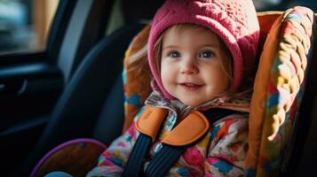 pequeño cariñoso niño viajes sin peligro en el coche asiento a el espalda de el vehículo. generativo ai foto