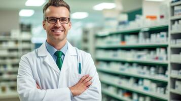 Pharmacist caucasian man in front of pharmacy shelves. Generative AI photo