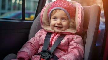 Little affectionate child travels safely in the car seat at the back of the vehicle. Generative AI photo