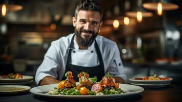 Chef posing with his dinner plate. Generative AI photo