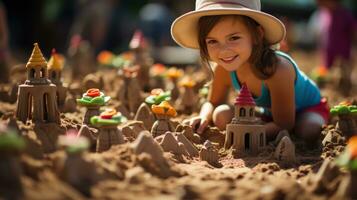 Child building a detailed sandcastle in a playground sandbox. Generative AI photo