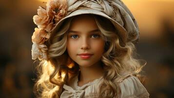 Child in a Victorian-era dress with a bonnet.. Generative AI photo