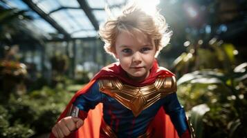 Little boy in a superhero costume. Generative AI photo