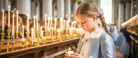 The little girl performs her religious ritual with the candle she holds in her hand.. Generative AI photo