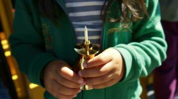 The little girl performs her religious ritual with the candle she holds in her hand.. Generative AI photo