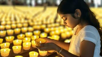 The little girl performs her religious ritual with the candle she holds in her hand.. Generative AI photo