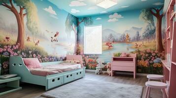 Empty children's room in cute color tones. Generative AI photo