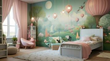 Empty children's room in cute color tones. Generative AI photo