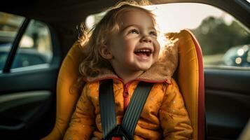 pequeño cariñoso niño viajes sin peligro en el coche asiento a el espalda de el vehículo. generativo ai foto