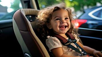 pequeño cariñoso niño viajes sin peligro en el coche asiento a el espalda de el vehículo. generativo ai foto