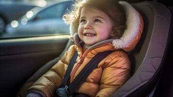 pequeño cariñoso niño viajes sin peligro en el coche asiento a el espalda de el vehículo. generativo ai foto