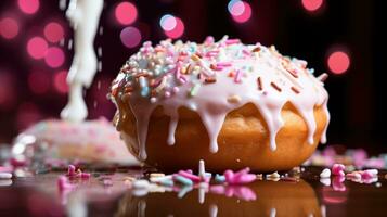 Close-up shot of colorful donut. Generative AI photo
