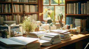 A work room with a desk and lots of books. Generative AI photo