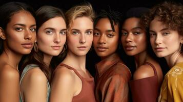Photo of beautiful women of different ethnicities with flawless skin. Generative AI