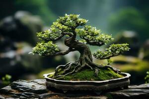 Close - up shot, delicate bonsai tree. Generative AI photo