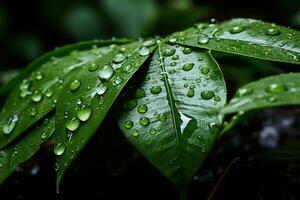 Close - up shot of a lush, verdant rainforest, dew drops clinging to leaves. Generative AI photo