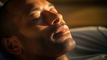 de cerca foto de dormido del hombre rostro. generativo ai