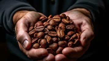 A man holding coffee beans in his hands. Generative AI photo