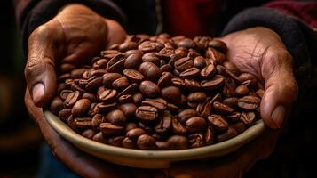 A man holding coffee beans in his hands. Generative AI photo