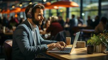 Businessman wearing headphones and working on laptop. Generative AI photo