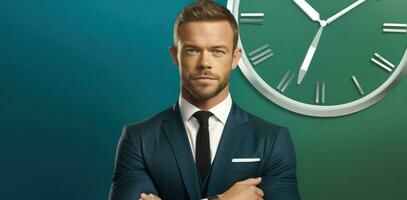 Businessman with a wall clock behind him. Generative AI photo