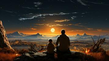 Father and son sitting against sunset view. Generative AI photo