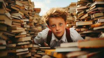 un pequeño caucásico chico entre pilas de libros. generativo ai foto