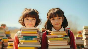 un pequeño asiático muchachas entre pilas de libros. generativo ai foto