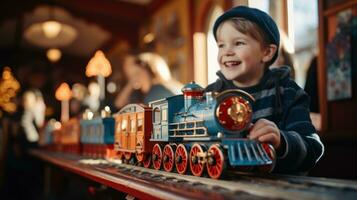 pequeño chico jugando con un juguete tren. generativo ai foto