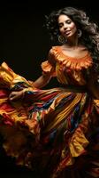 Dancer in a vibrant salsa dress with fringes.. Generative AI photo