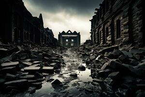 Dramatic shot of a crumbling abandoned building, decaying walls.. Generative AI photo