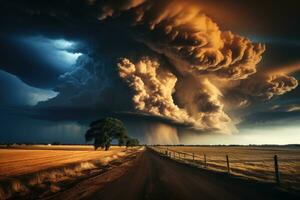 Dramatic shot of a thunderstorm over a prairie. Generative AI photo