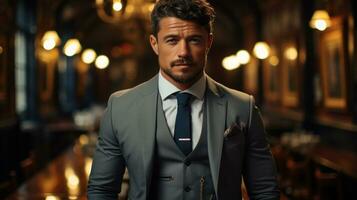 Elegant man in a tailored three-piece suit.. Generative AI photo